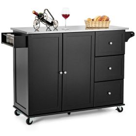 Kitchen Island 2-Door Storage Cabinet with Drawers and Stainless Steel Top (Color: Black)