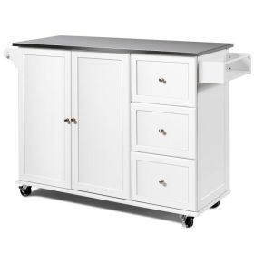 Kitchen Island 2-Door Storage Cabinet with Drawers and Stainless Steel Top (Color: White)